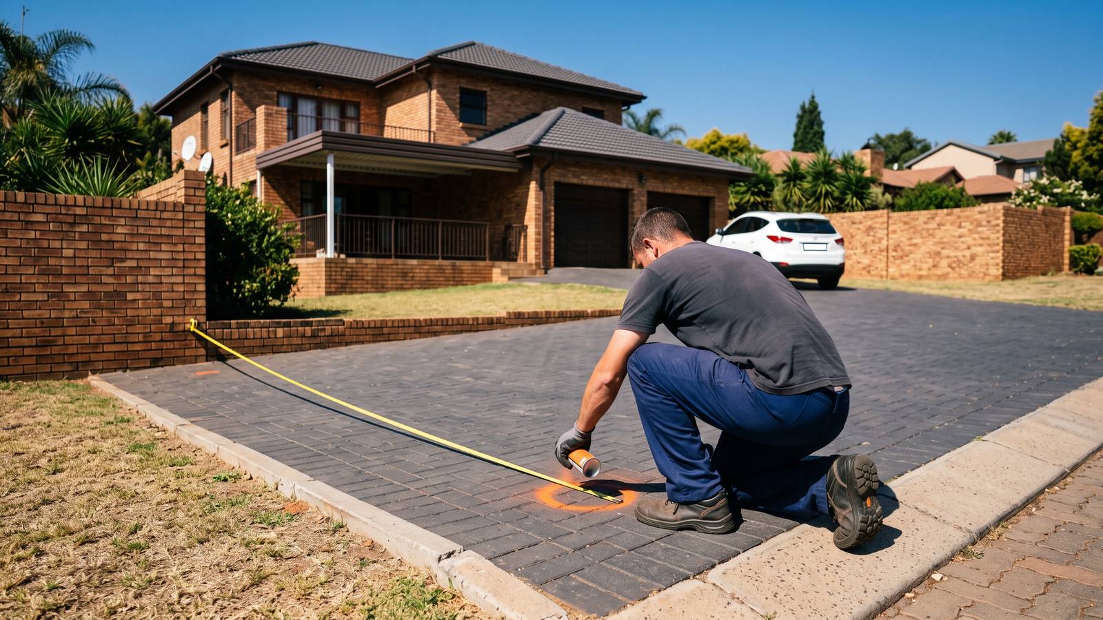 Installer spray-marking a shadeport pole position on a paved driveway, tape measured to the wall.