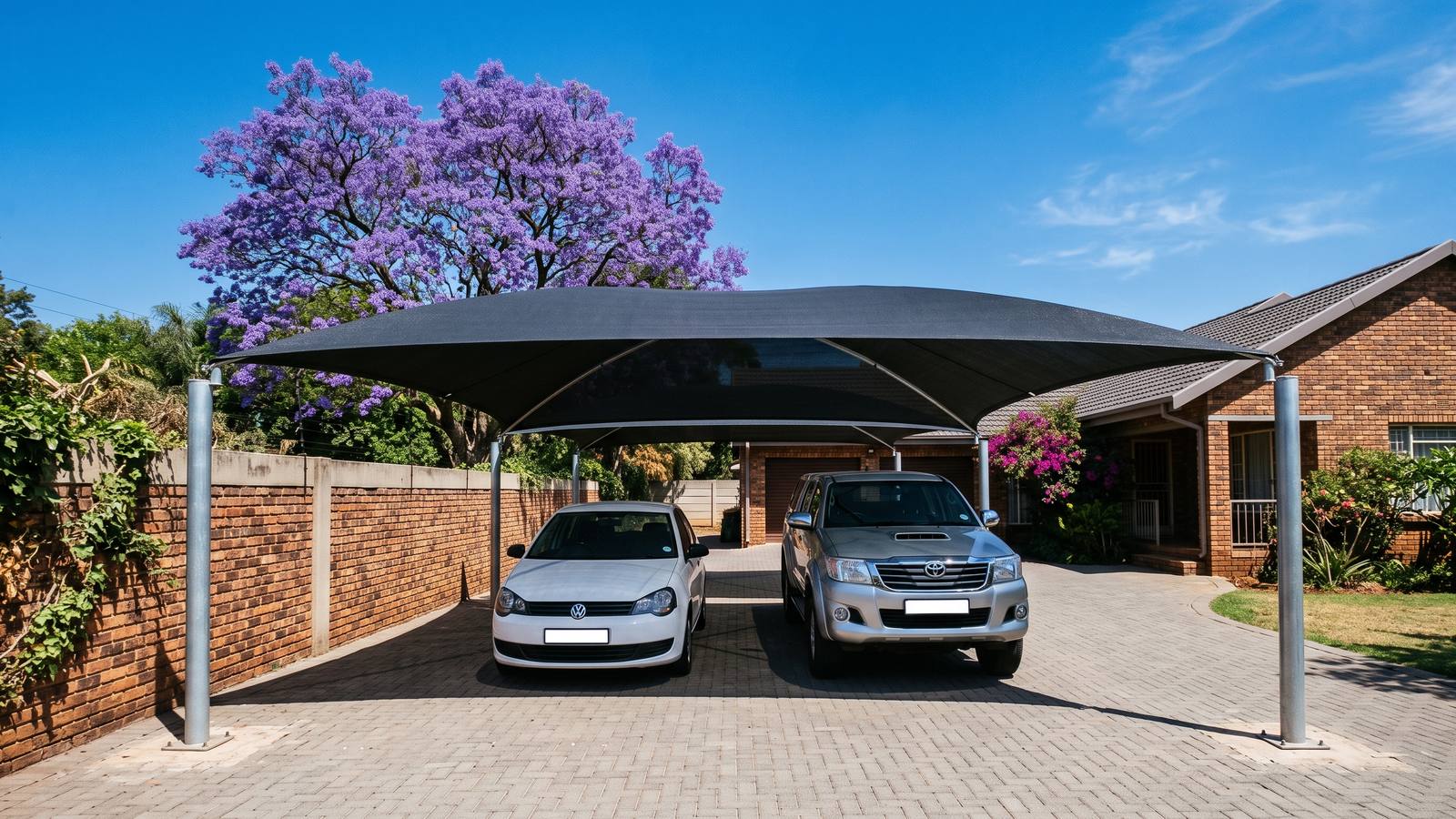 Charcoal shade net carport over two cars on a paved driveway with a jacaranda tree in bloom behind.