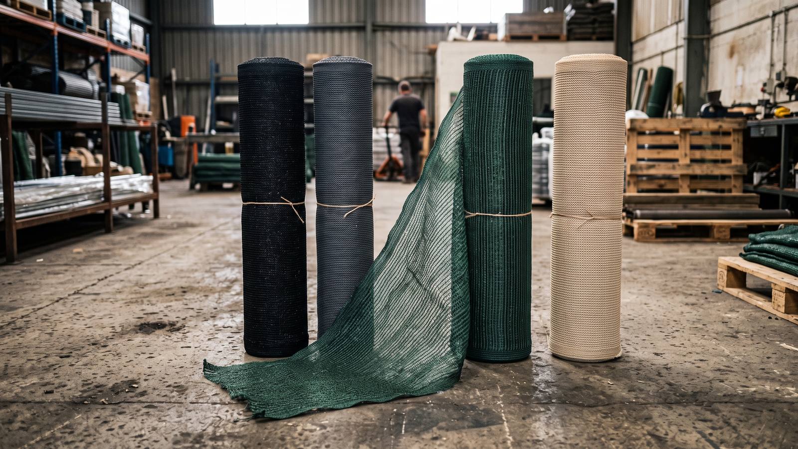 Rolls of knitted shade net in black, charcoal, green and beige standing on a workshop floor.
