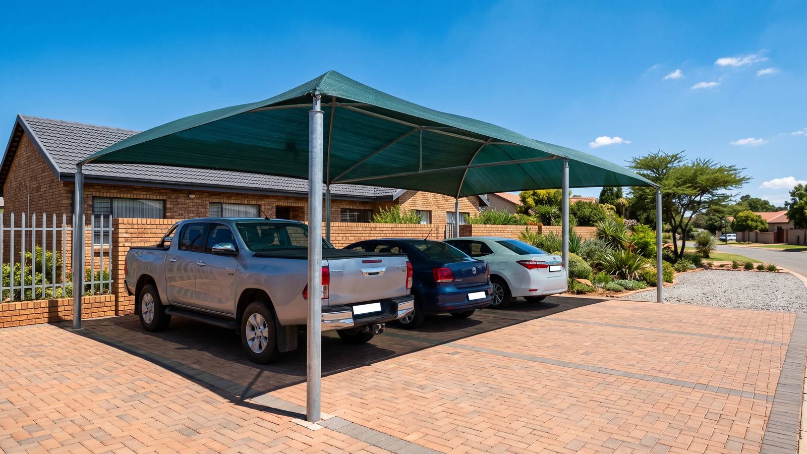 Triple-bay green shade net carport over a bakkie and two sedans on a brick-paved driveway.