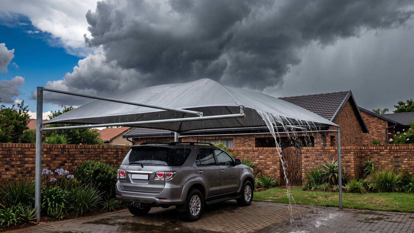 Grey waterproof PVC shadeport shedding water off one side as a Highveld thunderstorm breaks.